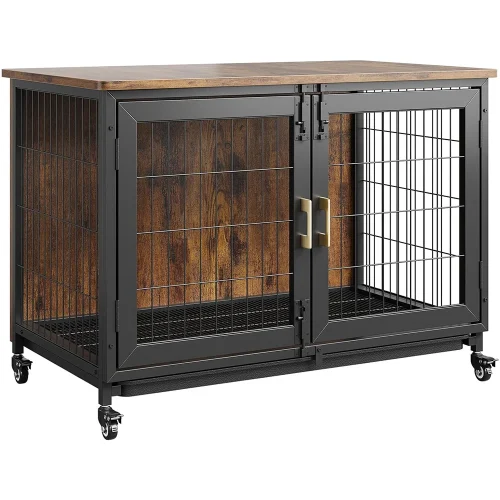 Wooden Dog Crate with Wheels and Tray